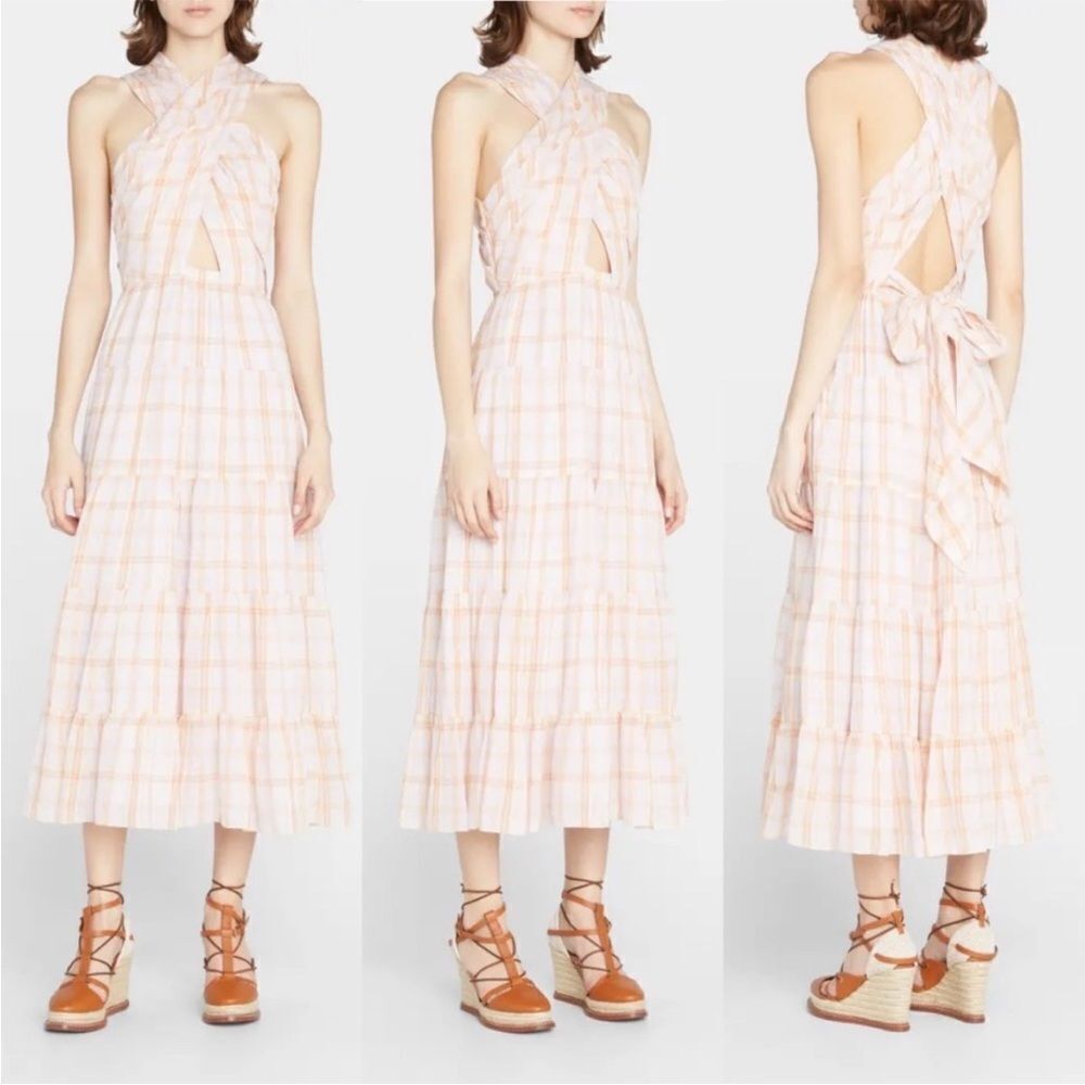 ULLA JOHNSON Noelle Crossover Halter Back-Tie Midi Plaid Dress NEW Sz. 4 - Picture 4 of 10